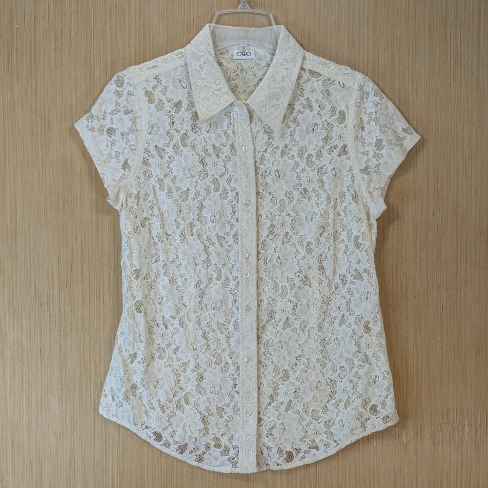 Cato Womens Preppy Coquette Feminine Dainty Cream Floral Lace Blouse Top Medium